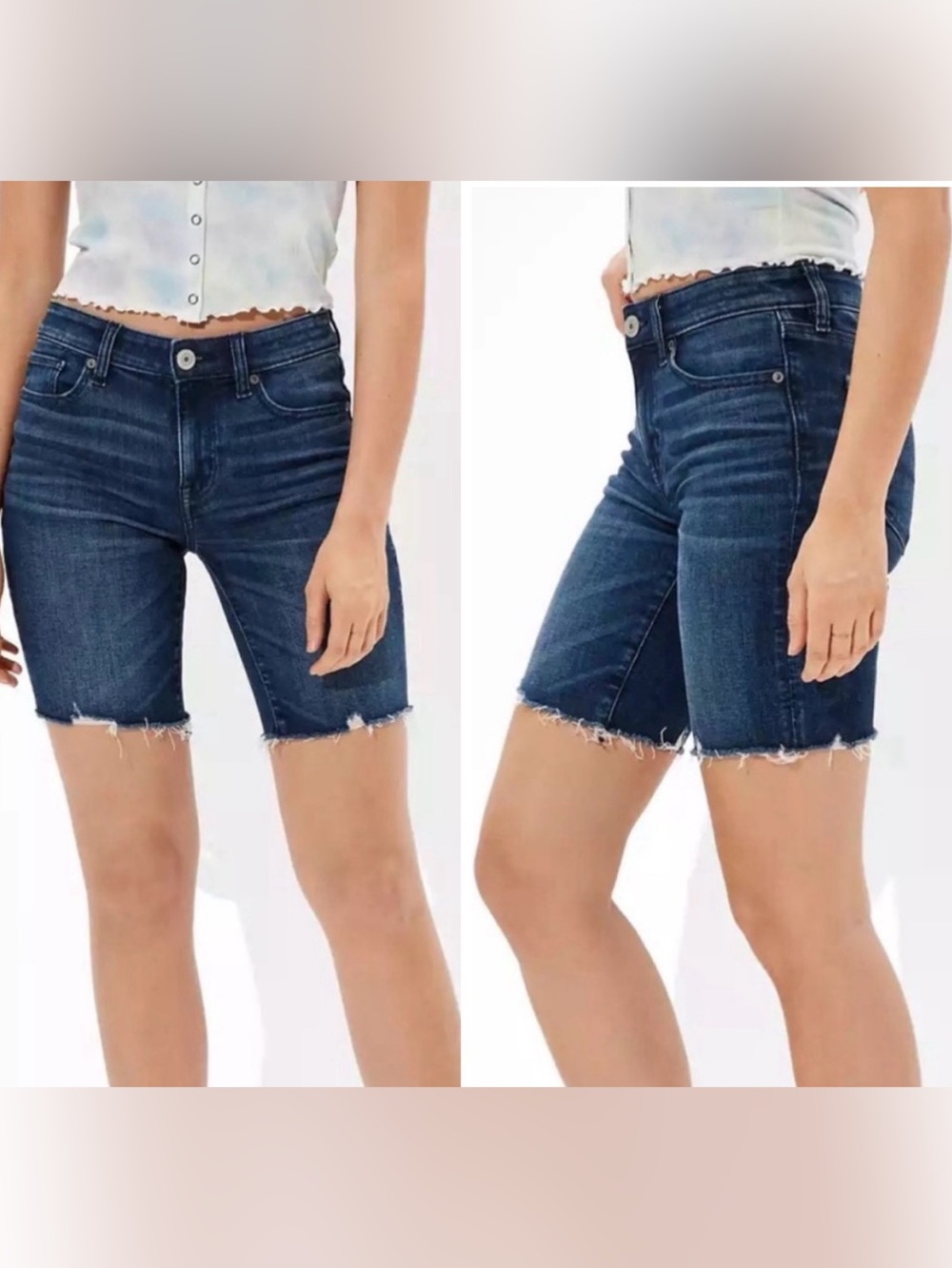 American Eagle Super Stretch Dark Wash Raw Hem 10” Skinny Bermuda Jean Shorts 8